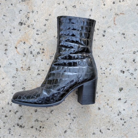 Charles David Black Vintage 90s Patent Leather Embossed Mid-calf Square Toe Heel - Picture 2 of 9